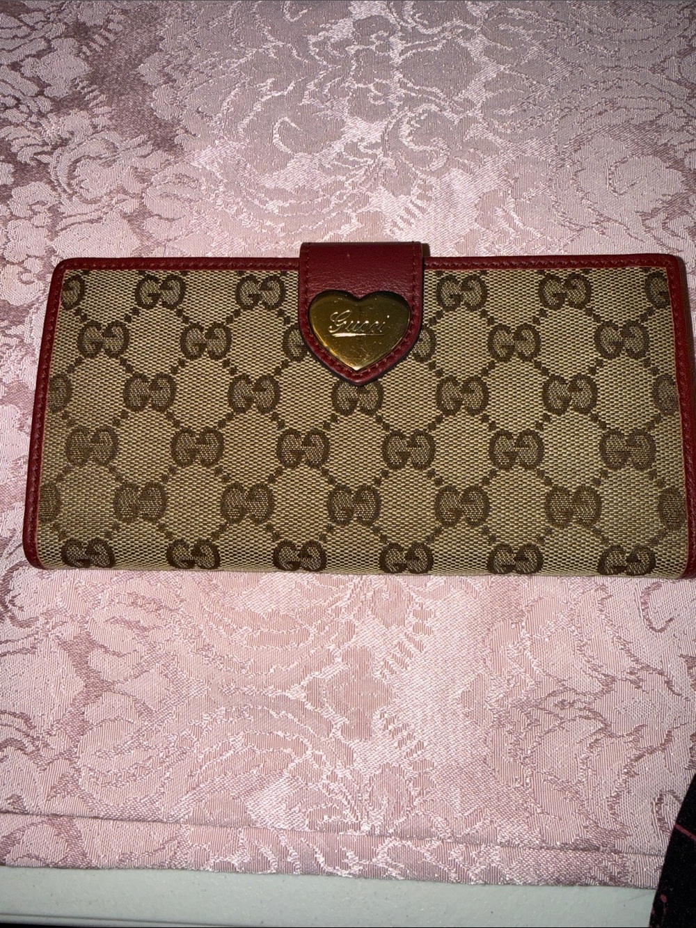 Gucci Beige GG Canvas Wallet with Red Trim and Heart Logo